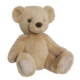 Beiger Plüschbär mit runden Ohren und braunen Augen, sitzt aufrecht mit ausgestreckten Beinen.