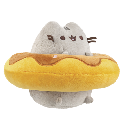 Kuscheltier einer Katze in einem Donut-Rettungsring, mit grauem Fell und einem lächelnden Gesichtsausdruck.