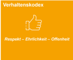 Verhaltenskodex mit den Werten Respekt, Ehrlichkeit und Offenheit, dargestellt durch ein Daumen-hoch-Symbol auf orangefarbenem Hintergrund.