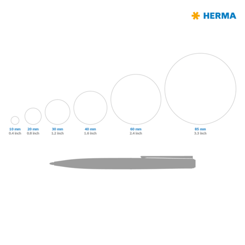 Kreisformen in verschiedenen Größen von 10 mm bis 85 mm, neben einem grauen Stift dargestellt. Markenlogo "HERMA" oben rechts.