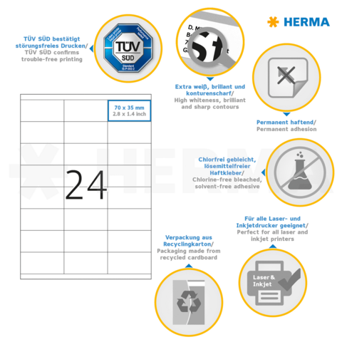 TÜV SÜD bestätigt störungsfreies Drucken. Produktdetails: 70 x 35 mm, permanent haftend, chlorfrei gebleicht, geeignet für Laser- und Inkjetdrucker.