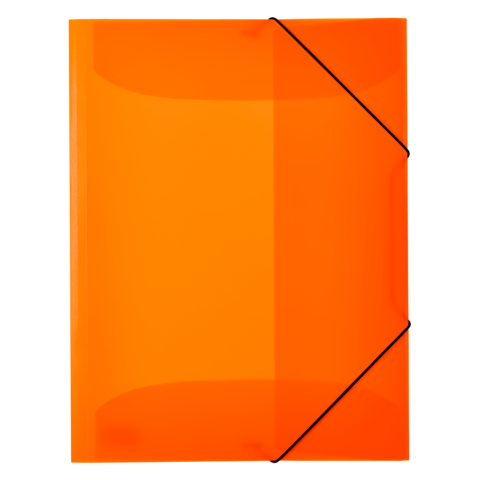 Ein orangefarbener Ordner mit schwarzem Gummiband, der geschlossen ist und eine glatte, glänzende Oberfläche hat.