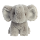 Graues Plüschelefant mit großen Ohren und einem runden Körper, sitzt aufrecht und schaut direkt nach vorne.