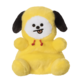 Ein gelbes Plüschspielzeug in Form eines Hundes mit einem weißen Gesicht, schwarzen Ohren und einem lächelnden Ausdruck.