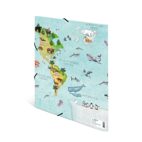 Eine Karte zeigt die Kontinente mit Tieren und geografischen Bezeichnungen, darunter Nordpol, Atlantischer Ozean und Antarktis.