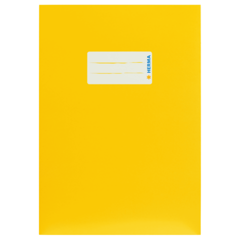 Gelbe Mappe mit einem weißen Etikett zum Beschriften, das das Logo "HERMA" zeigt.