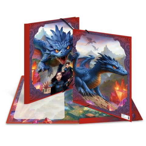 Ein aufgeschlagenes Buch mit fantastischen Illustrationen von blauen Drachen und Charakteren in einer magischen Landschaft.
