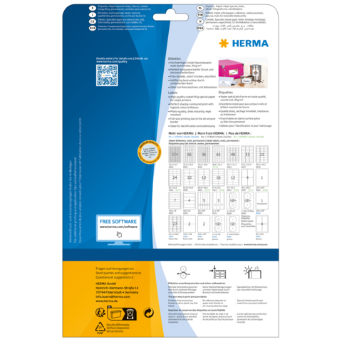 Rückseite einer Verpackung mit Informationen zu HERMA Produkten, Anleitungen und einem QR-Code für kostenlose Software.