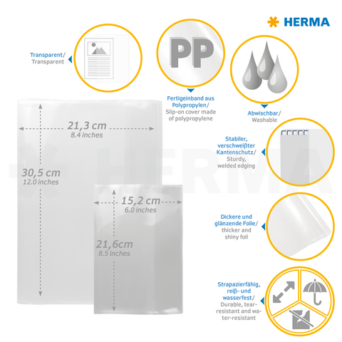 Transparente Polypropylen-Hüllen in zwei Größen, abwischbar und strapazierfähig, mit stabilen Kanten. Ideal für Dokumente.