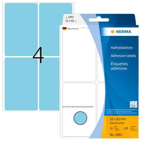Blaues Etikettenset von Herma, bestehend aus 32 Haftetiketten in der Größe 52 x 82 mm, mit einer Beispielnummer 4.