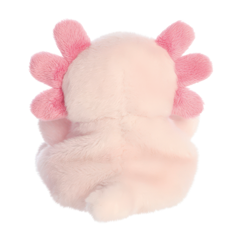 Rückansicht eines rosa Plüschtiers mit runden, rosa Ohren und einem weichen Körper.