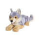 Plüschwolf in liegender Position, mit grauem und beigem Fell, großen Ohren und einem freundlichen Gesichtsausdruck.