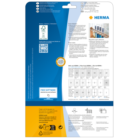 Rückseite einer Verpackung für HERMA Etiketten, mit Informationen zu Software, Anwendungshinweisen und verschiedenen Etikettenformaten.