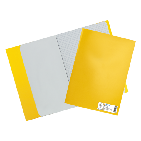 Gelbe Ordner und ein kariertes Blatt Papier, die auf einem schwarzen Hintergrund liegen.