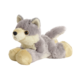 Plüschwolf mit grauem Fell, großen Augen und einem freundlichen Ausdruck, in einer liegenden Position.