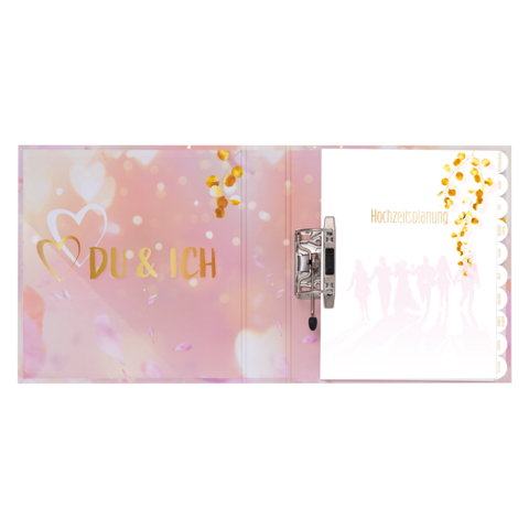 Ein Hochzeitsplaner mit dem Titel "Du & Ich" auf einer rosa Hintergrundgestaltung mit Herzmotiven und goldenen Akzenten.