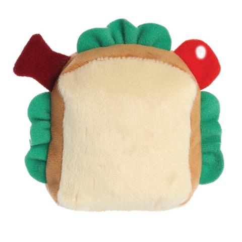 Kuscheltier in Form eines Sandwiches mit bunten Details, einschließlich grüner Salat- und roter Tomatendarstellung.