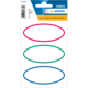 Drei ovalförmige Etiketten in pink, grün und blau auf einer Verpackung, insgesamt 18 Stück, Größe 74x36 mm.