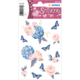 Bunte Aufkleber mit rosa und blauen Blumen sowie Schmetterlingen auf weißem Hintergrund. Ideal für Dekoration und Bastelprojekte.
