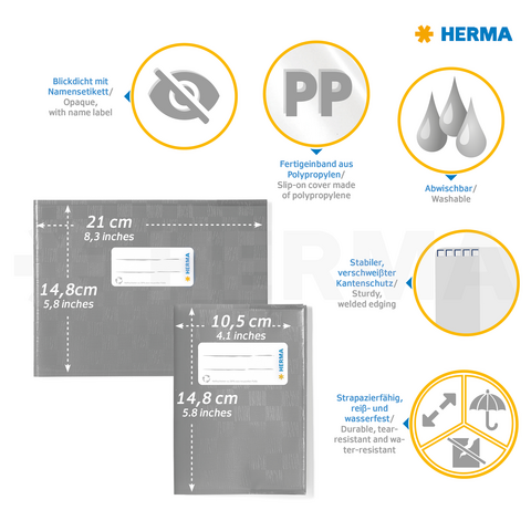 Hochwertige Polypropylen-Hüllen mit abwaschbarem Design, stabilen Kanten und Namensetikett. Maße: 21 x 14,8 cm und 10,5 x 14,8 cm.