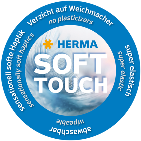 Runder Aufkleber mit dem Text "HERMA SOFT TOUCH", der auf weiche Haptik, Elastizität und das Fehlen von Weichmachern hinweist.
