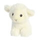 Weiches, plüschiges Schaf mit runden Augen und kleinen Ohren, sitzt aufrecht und hat ein freundliches Aussehen.