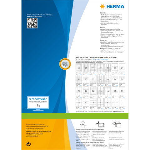 HERMA Produktinformation mit QR-Code, Softwarehinweis und einer Übersicht von Etiketten und deren Eigenschaften.