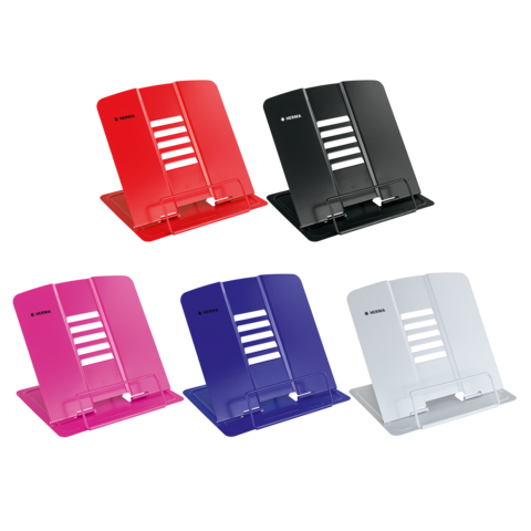 Fünf verschiedene Ständer in Rot, Schwarz, Pink, Lila und Weiß, geeignet für die Präsentation von Dokumenten oder Tablets.