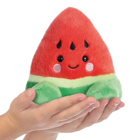 Ein weiches, plüschiges Wassermelonen-Kissen in Form einer Melone, gehalten von einer Hand. Es hat ein freundliches Gesicht und leuchtende Farben.