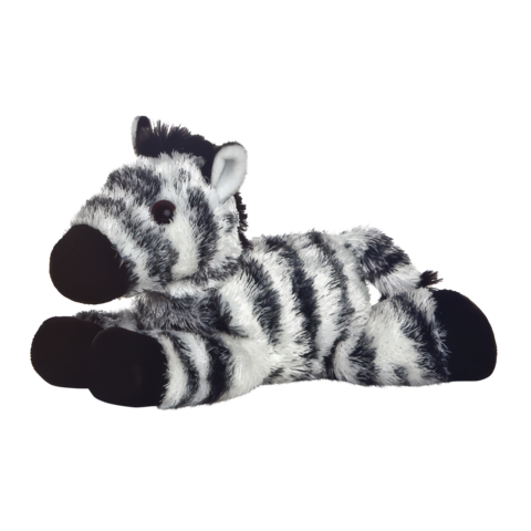 Plüschzebra mit schwarz-weißen Streifen, liegend und mit einem freundlichen Gesichtsausdruck.