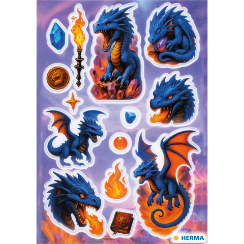 Aufkleber mit blauen Drachen, Kristallen, einer Fackel, Münzen und Flammen in verschiedenen Posen und Designs.