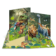 Bunte Dinosaurier-Illustrationen auf einem Ordner, umgeben von Pflanzen und Schmetterlingen in einer tropischen Umgebung.