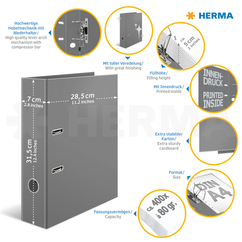 Graue Ordner mit Hebelmechanik, Innen- und Außendruck, Füllhöhe von 5 cm, Format A4, aus stabilem Karton, Kapazität bis 400 Blatt.
