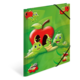 Bunte Schultasche mit cartoonhaften Raupen und einem roten Apfel, umgeben von grünem Hintergrund und weiteren kleinen Insekten.
