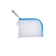 Ein weißes, netzartiges Etui mit blauen Akzenten und einem Reißverschluss, geeignet zur Aufbewahrung von kleinen Gegenständen.
