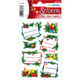 Weihnachtliche Aufkleber mit dekorativen Elementen wie Kerzen, Sternen und Pflanzen, versehen mit leeren Beschriftungsfeldern.