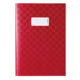 Rotes Notizbuch mit einem weißen Etikett auf der Vorderseite, das Platz für eine Beschriftung bietet.
