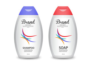 Zwei Flaschen mit Shampoo und Seife, jeweils in lila und rot, mit einem modernen Design und bunten Linien.