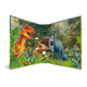 Ein aufgeschlagenes Buch mit lebendigen Illustrationen von Dinosauriern in einer tropischen Umgebung, umgeben von Pflanzen und anderen prähistorischen Tieren.