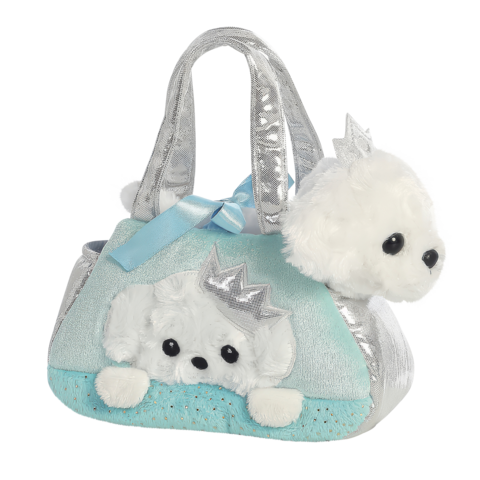Plüschhandtasche in Form eines Hundes mit Krone, in Blau und Silber, mit zwei Tragegriffen und dekorativen Details.