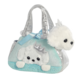 Plüschhandtasche in Form eines Hundes mit Krone, in Blau und Silber, mit zwei Tragegriffen und dekorativen Details.