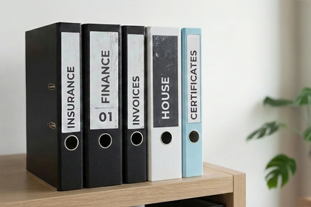 Ordner auf einem Holzregal, beschriftet mit HERMA Ordnertetiketten "Versicherung", "Finanzen", "Haus" und "Zertifikate". Im Hintergrund eine Pflanze.