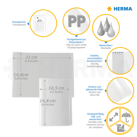 Transparente Polypropylen-Hüllen mit abwaschbarem Material, stabilen Kanten und verschiedenen Größenangaben. Ideal für Dokumentenschutz.