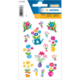 Bunte Aufkleber mit verschiedenen Blumenmotiven, Vasen und Gießkanne, ideal für Dekoration oder Bastelprojekte.