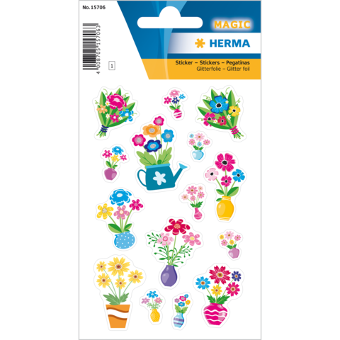 Bunte Aufkleber mit verschiedenen Blumenmotiven, Vasen und Gießkanne, ideal für Dekoration oder Bastelprojekte.