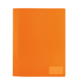 Ein leuchtend orangefarbener Ordner mit einer glatten Oberfläche und einer kleinen, leeren Etikettfläche in der unteren rechten Ecke.
