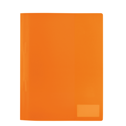 Ein leuchtend orangefarbener Ordner mit einer glatten Oberfläche und einer kleinen, leeren Etikettfläche in der unteren rechten Ecke.