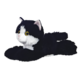 Schwarze und weiße Plüschkatze, die entspannt auf dem Boden liegt, mit großen, gelben Augen und einem freundlichen Gesichtsausdruck.