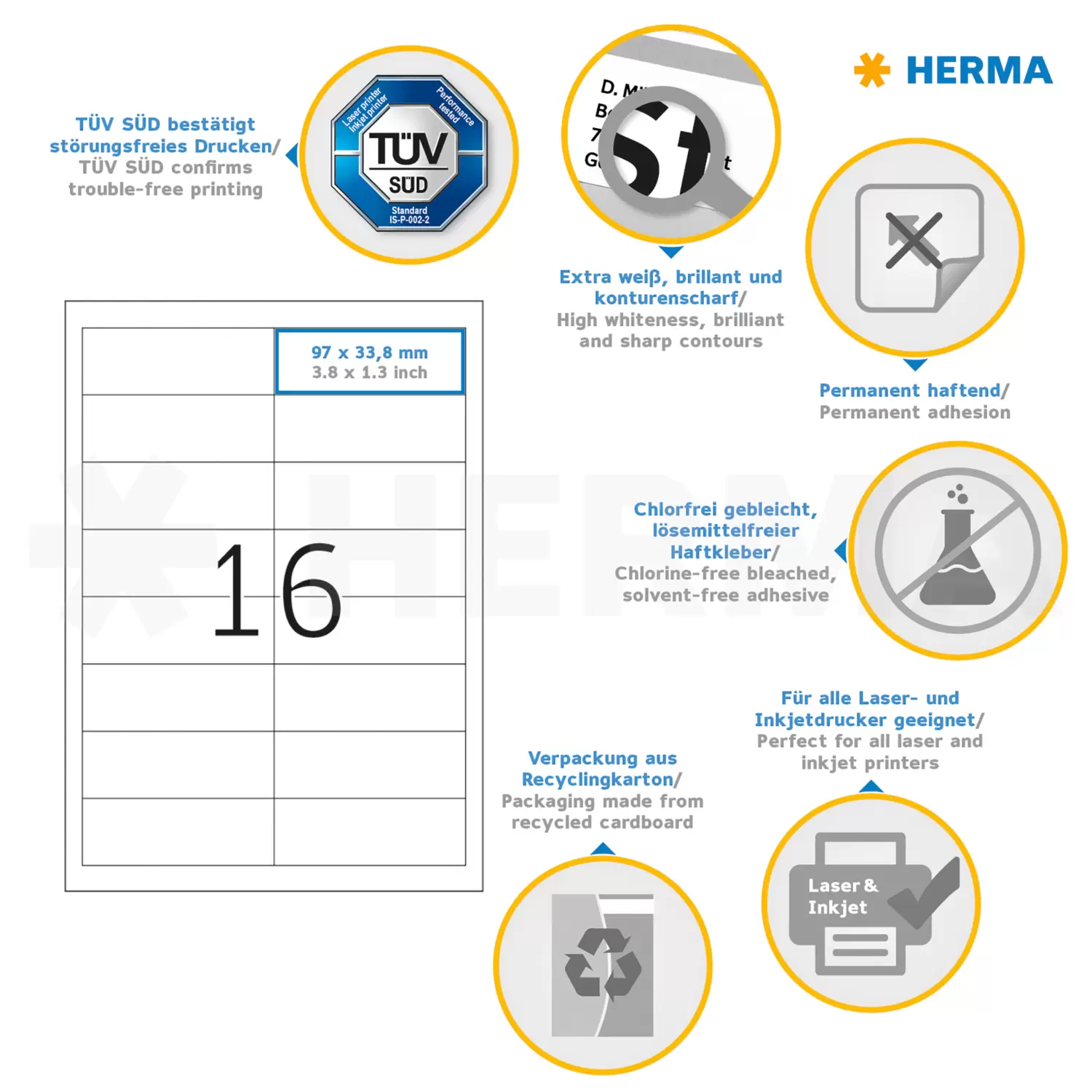 Etiketten Premium A4 - HERMA 4619 - 97 x 33,8 mm 3200 St.