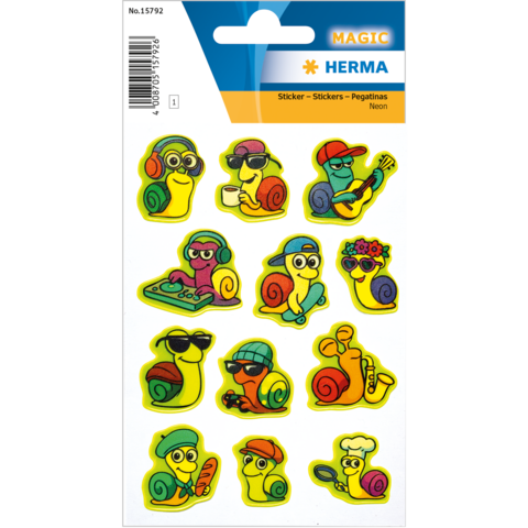 Bunte Aufkleber von Schnecken in verschiedenen Outfits und Aktivitäten, darunter Musik hören, spielen und entspannen.